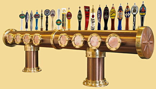 Draft beer tower Hamburg, old copper, with 20 faucets.